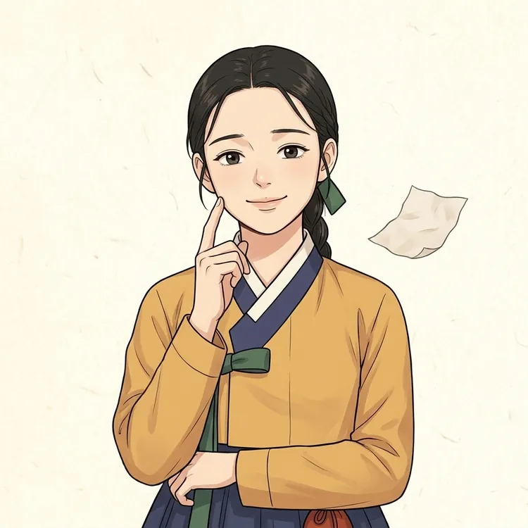 결이 볼에 손가락을 대고 고개를 갸우하는 그림